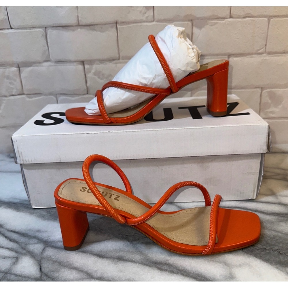 Schutz Chessie Mid Orange Leather Strappy Block Heel Sandals Square Toe Womens 5